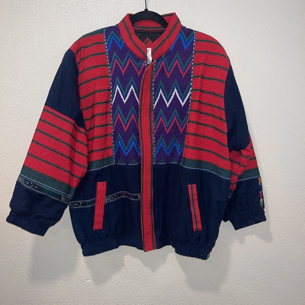 VTG Bomber Jacket from Guatemala With Multi Color Hand Woven Accents sz L
